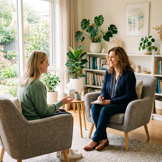 Compassionate counselor having a supportive conversation with a client during a therapy session